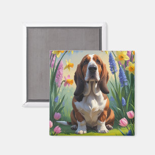Imán Pintura de flores de primavera del perro Basset Ho