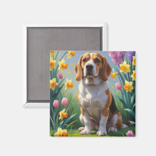 Imán Pintura de flores de primavera del perro Beagle