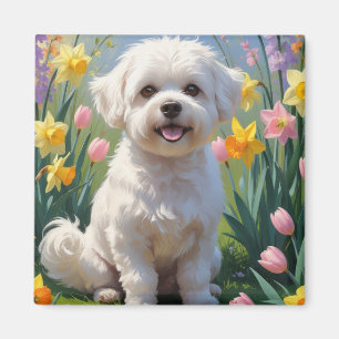 Imán Pintura de flores de primavera del perro Bichon Fr