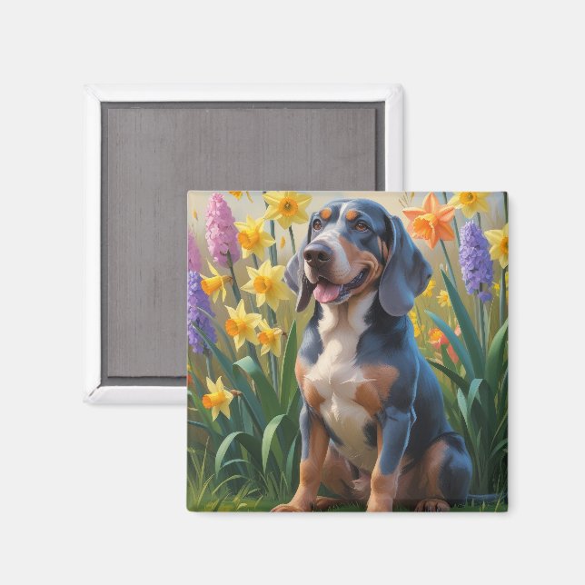 Imán Pintura de flores de primavera del perro Bluetick  (Anverso/Reverso)