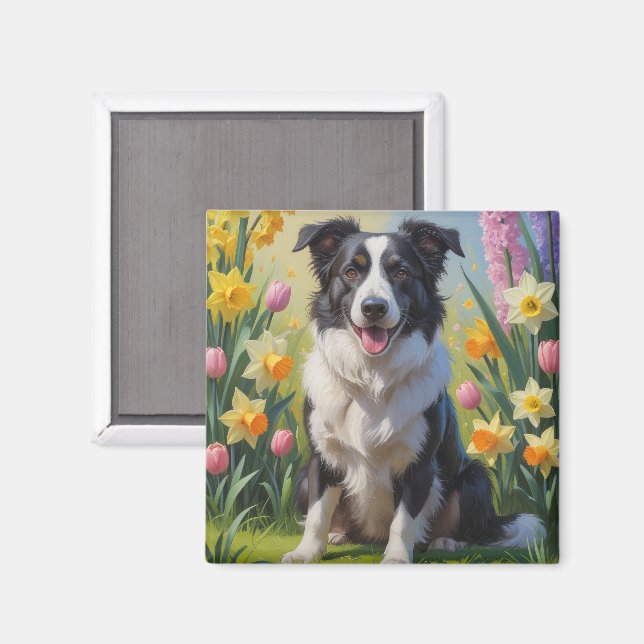 Imán Pintura de flores de primavera del perro Border Co (Anverso/Reverso)
