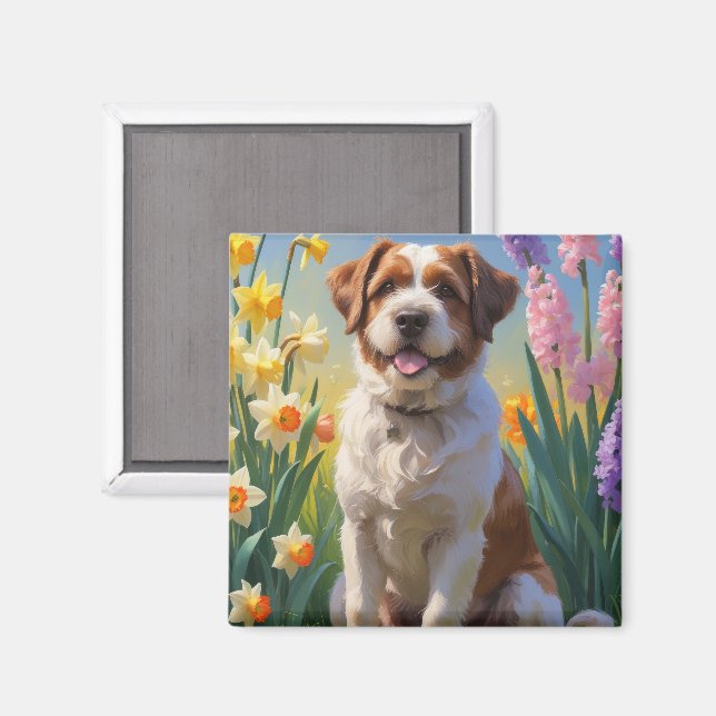Imán Pintura de flores de primavera del perro Bouviers  (Anverso/Reverso)
