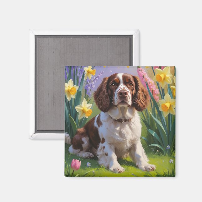 Imán Pintura de flores de primavera del perro Brittany  (Anverso/Reverso)