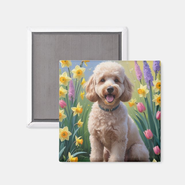 Imán Pintura de flores de primavera del perro caniche (Anverso/Reverso)