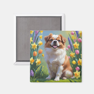 Imán Pintura de flores de primavera del perro Chin Japo