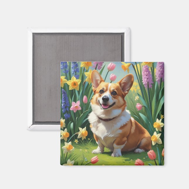 Imán Pintura de flores de primavera del perro Corgi (Anverso/Reverso)