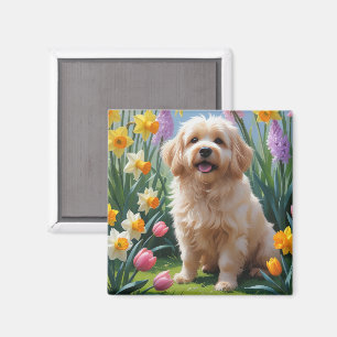 Imán Pintura de flores de primavera del perro Coton De