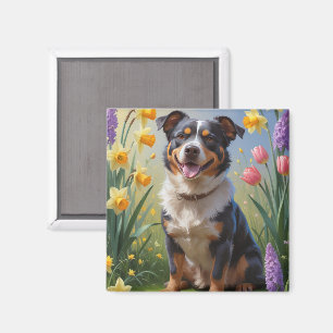 Imán Pintura de flores de primavera del perro de ganado