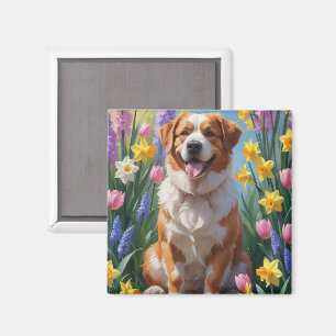 Imán Pintura de flores de primavera del perro de montañ