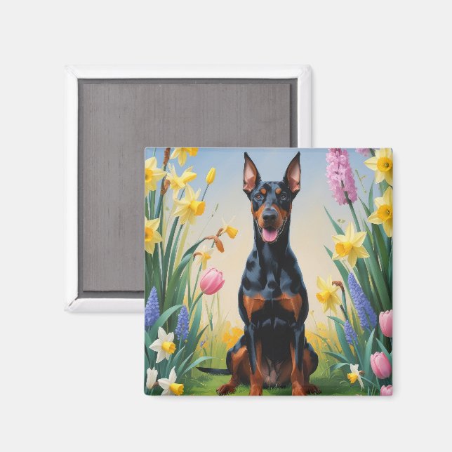 Imán Pintura de flores de primavera del perro Doberman (Anverso/Reverso)
