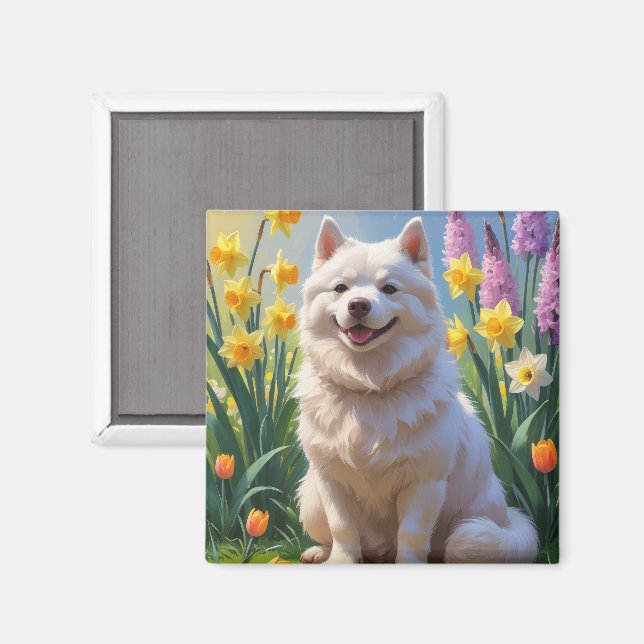 Imán Pintura de flores de primavera del perro esquimal  (Anverso/Reverso)