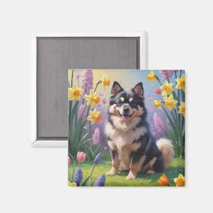 Imán Pintura de flores de primavera del perro Finnish L