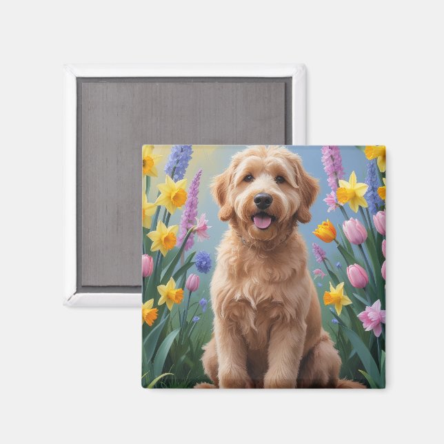 Imán Pintura de flores de primavera del perro Goldendoo (Anverso/Reverso)