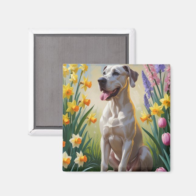 Imán Pintura de flores de primavera del perro Gran Dané (Anverso/Reverso)