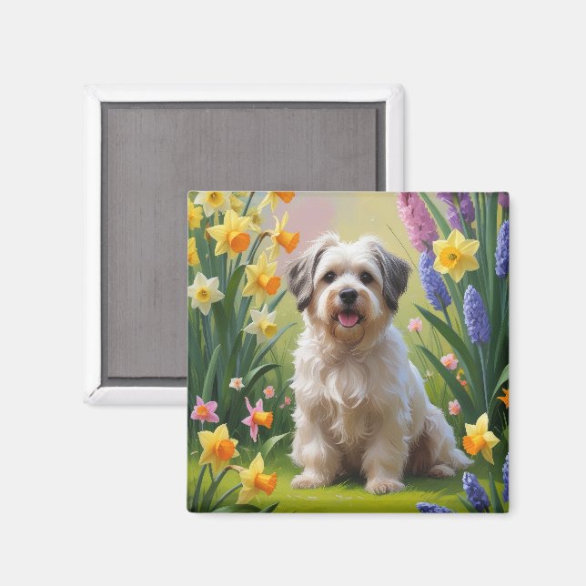 Imán Pintura de flores de primavera del perro Havanés  (Anverso/Reverso)