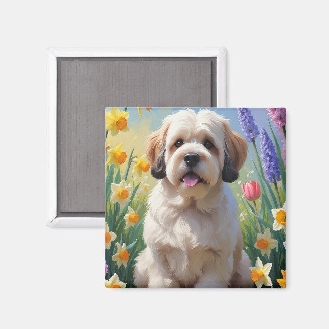 Imán Pintura de flores de primavera del perro Lhasa Aps (Anverso/Reverso)