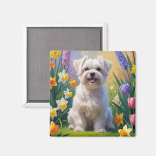 Imán Pintura de flores de primavera del perro maltés