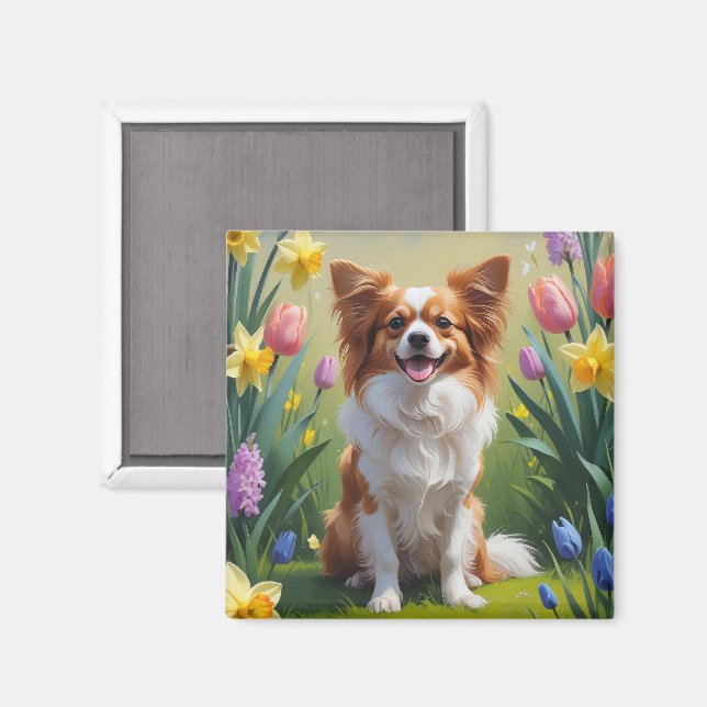 Imán Pintura de flores de primavera del perro Papillon  (Anverso/Reverso)