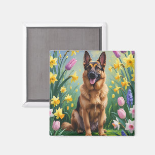 Imán Pintura de flores de primavera del perro pastor al