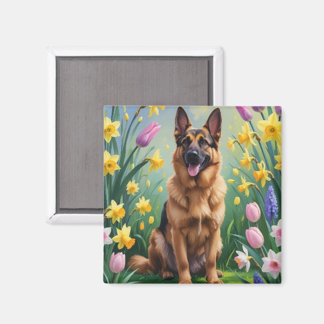 Imán Pintura de flores de primavera del perro pastor al (Anverso/Reverso)