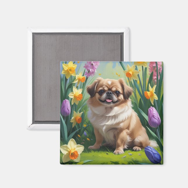 Imán Pintura de flores de primavera del perro pequinés (Anverso/Reverso)