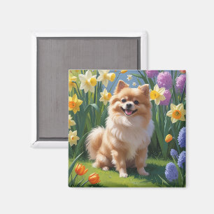 Imán Pintura de flores de primavera del perro pomerania
