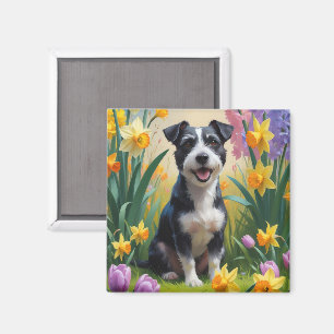 Imán Pintura de flores de primavera del perro Rat Terri