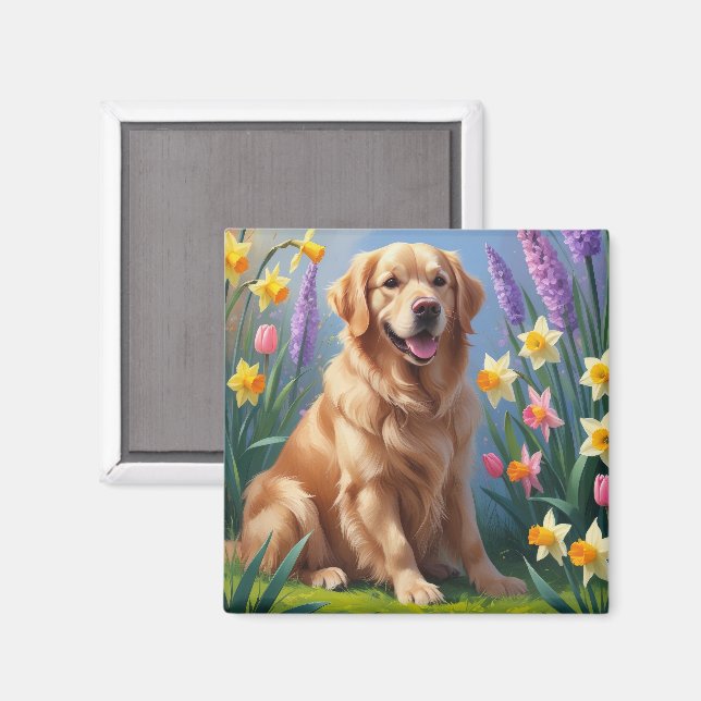Imán Pintura de flores de primavera del perro Retriever (Anverso/Reverso)