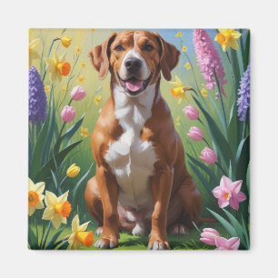 Imán Pintura de flores de primavera del perro Rhodesian