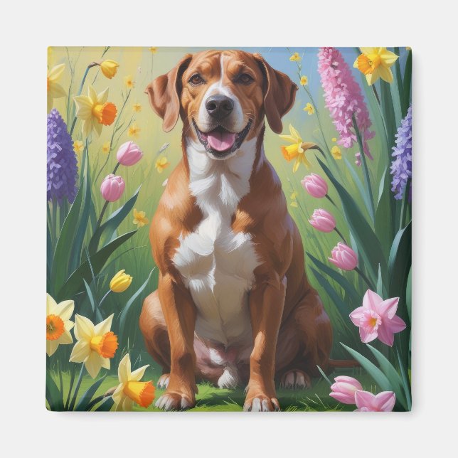 Imán Pintura de flores de primavera del perro Rhodesian (Frente)