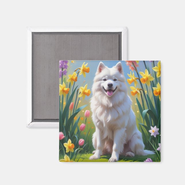Imán Pintura de flores de primavera del perro Samoyedo  (Anverso/Reverso)