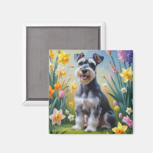 Imán Pintura de flores de primavera del perro Schnauzer