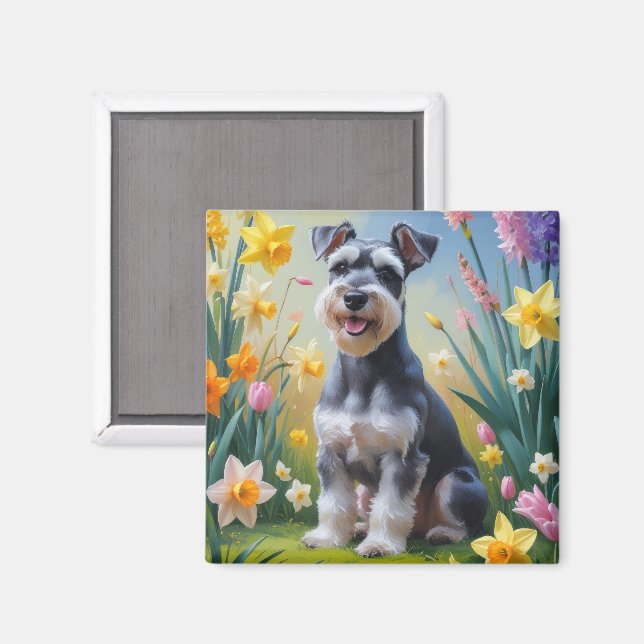 Imán Pintura de flores de primavera del perro Schnauzer (Anverso/Reverso)