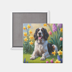 Imán Pintura de flores de primavera del perro Setter In
