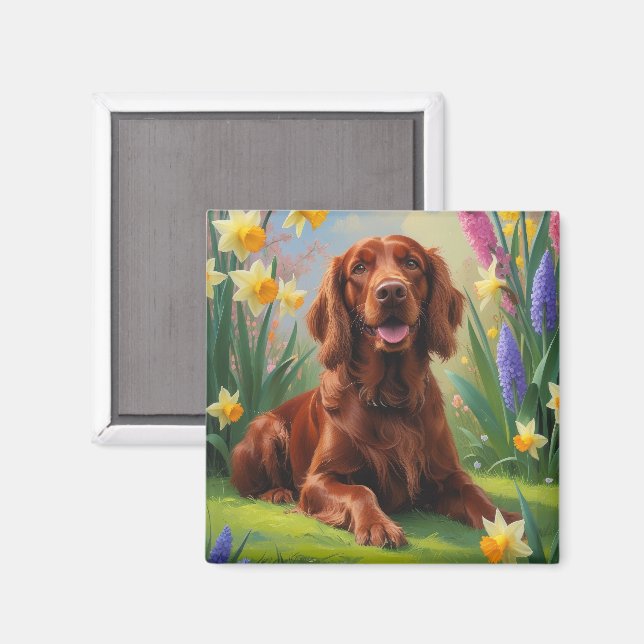 Imán Pintura de flores de primavera del perro Setter Ro (Anverso/Reverso)
