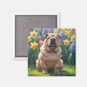 Imán Pintura de flores de primavera del perro Shar Pei