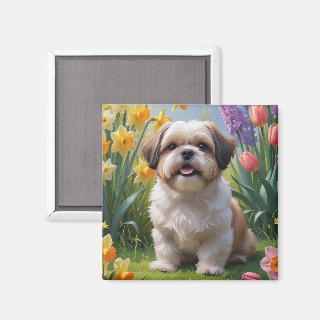 Imán Pintura de flores de primavera del perro Shih Tzu (Anverso/Reverso)
