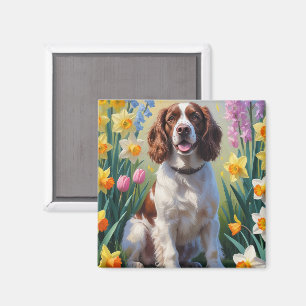 Imán Pintura de flores de primavera del perro Springer