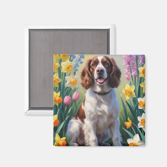 Imán Pintura de flores de primavera del perro Springer  (Anverso/Reverso)