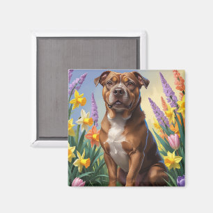 Imán Pintura de flores de primavera del perro Staffords