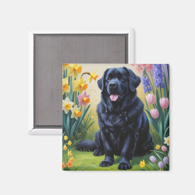 Imán Pintura de flores de primavera del perro Terranova (Anverso/Reverso)