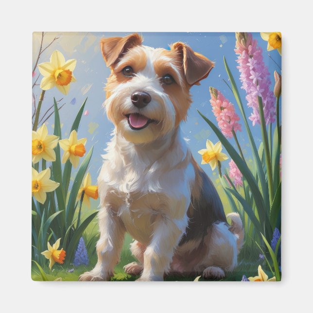 Imán Pintura de flores de primavera del perro Terrier B (Frente)