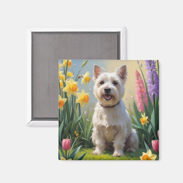 Imán Pintura de flores de primavera del perro terrier d (Anverso/Reverso)
