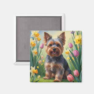 Imán Pintura de flores de primavera del perro Terrier d