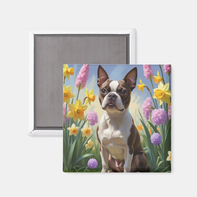 Imán Pintura de flores de primavera del perro Terrier d (Anverso/Reverso)