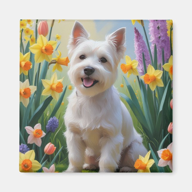 Imán Pintura de flores de primavera del perro Terrier T (Frente)