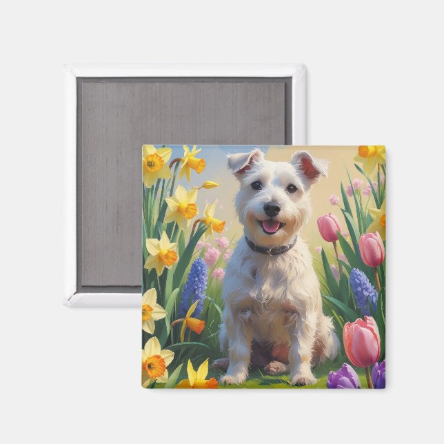 Imán Pintura de flores de primavera del perro Terrier W (Anverso/Reverso)