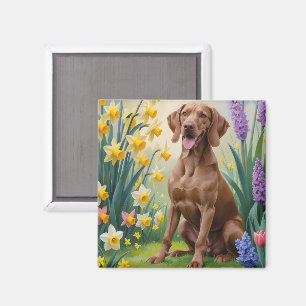 Imán Pintura de flores de primavera del perro Vizsla