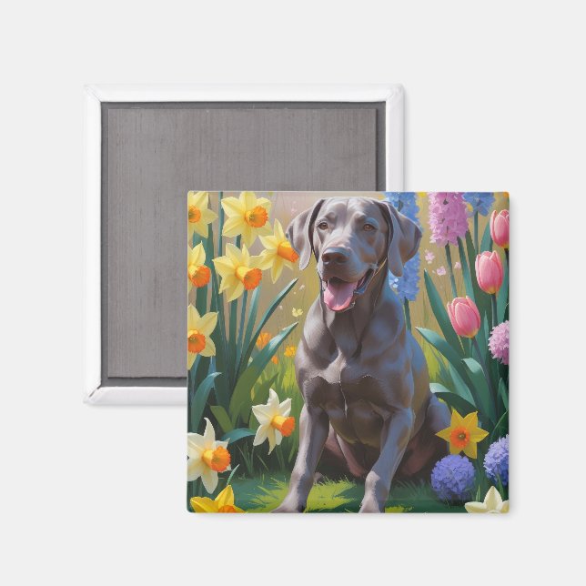 Imán Pintura de flores de primavera del perro Weimarane (Anverso/Reverso)