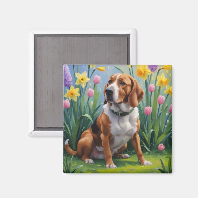 Imán Pintura de flores de primavera del Treeing Walker  (Anverso/Reverso)